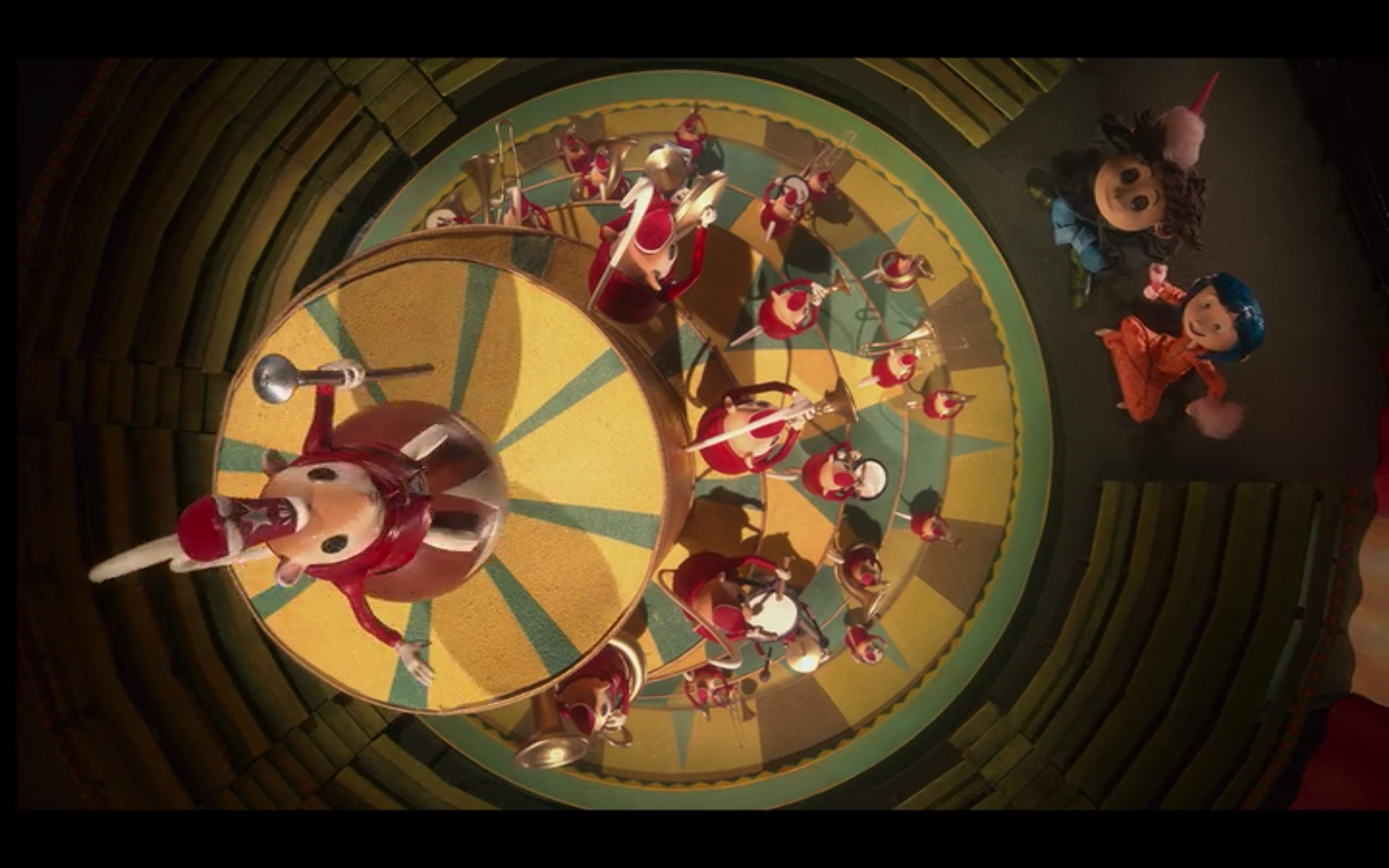 extreme high angle shot of dancing mice in Coraline. practice film vocabulary