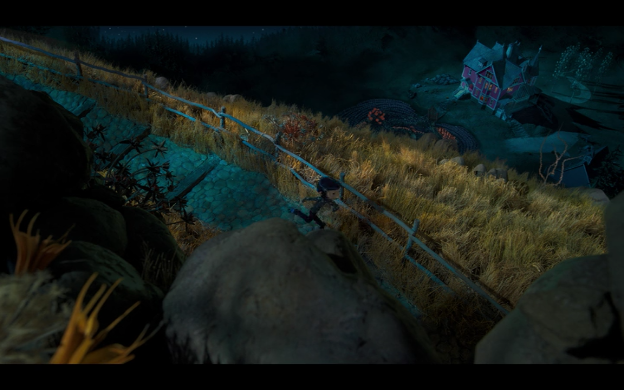 extreme high angle, POV shot of Coraline running at night. Practice film vocabulary and analysis