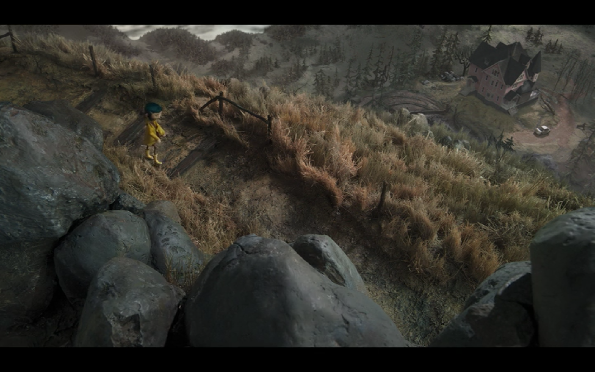 Extreme long establishing shot of Coraline in the early scenes of the movie