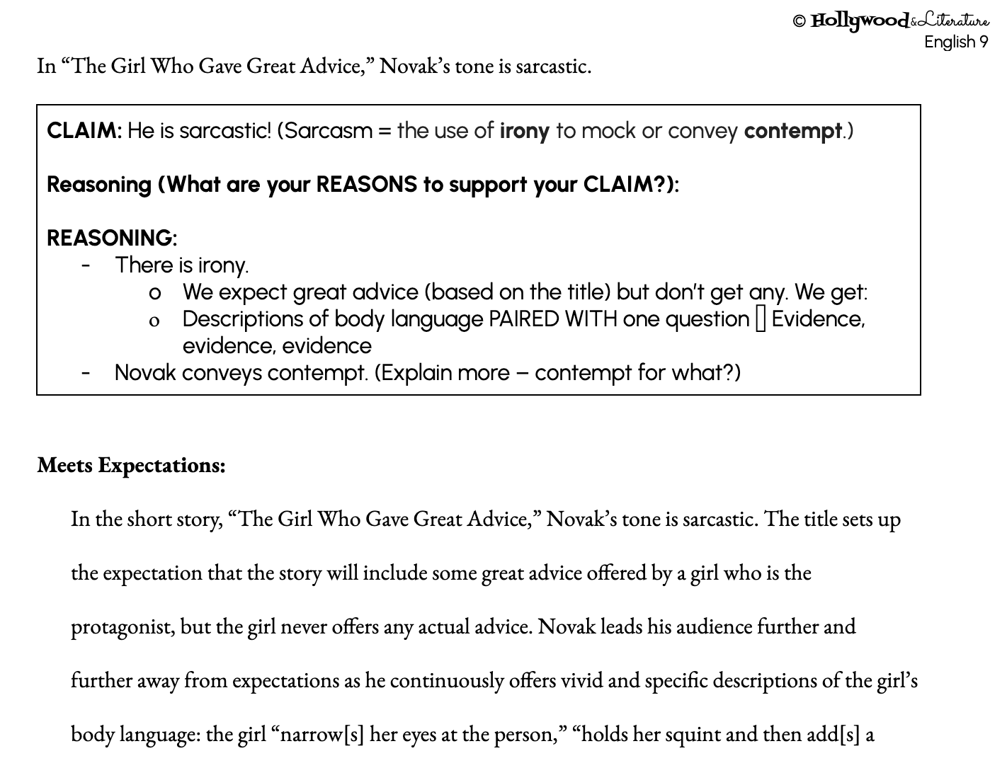 HS ELA mentor texts for analytical writing about tone